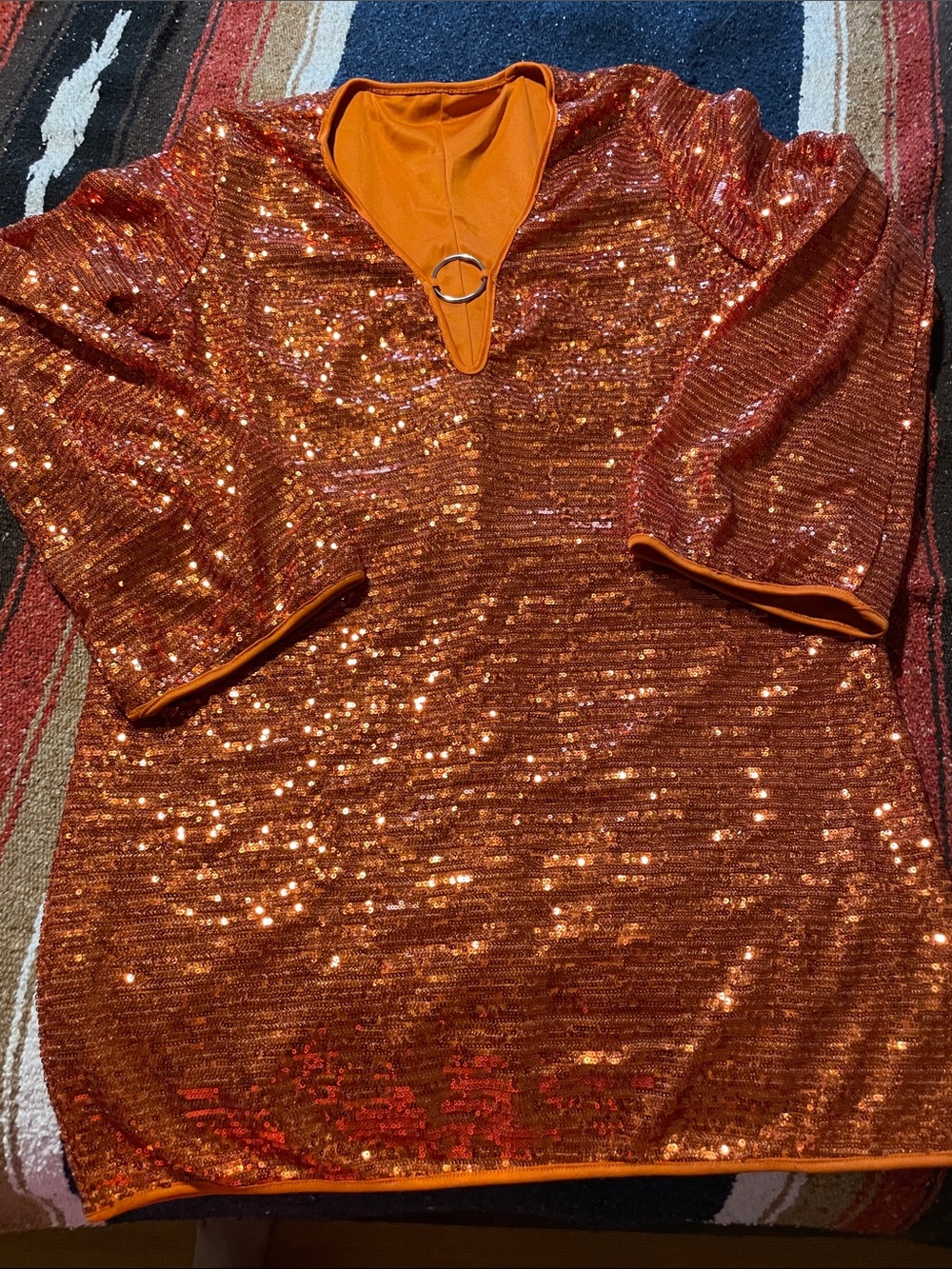 Sequin Long Sleeve Dress with Ring Detail - Sparkly Orange/Copper sequin
